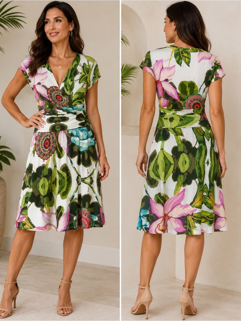 Desigual Floral Wrap Dress Size L Tropical Botanical Jersey Faux Wrap Midi